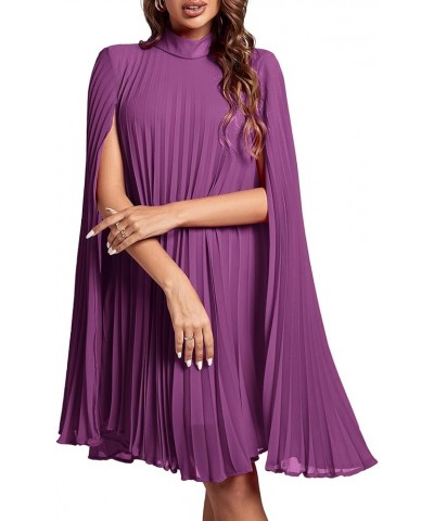 Women's Mock Neck Cloak Sleeve Pleated Keyhole Back Flowy Party Midi Dress Purple $24.91 Dresses