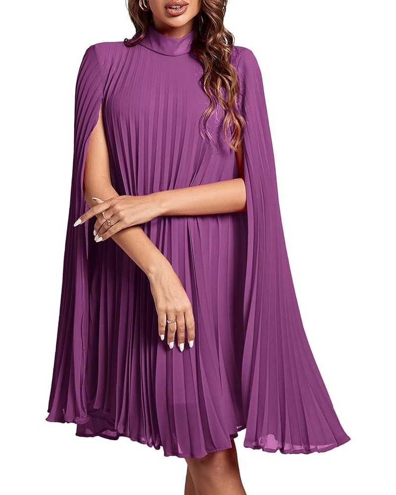 Women's Mock Neck Cloak Sleeve Pleated Keyhole Back Flowy Party Midi Dress Purple $24.91 Dresses