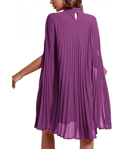 Women's Mock Neck Cloak Sleeve Pleated Keyhole Back Flowy Party Midi Dress Purple $24.91 Dresses