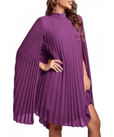 Women's Mock Neck Cloak Sleeve Pleated Keyhole Back Flowy Party Midi Dress Purple $24.91 Dresses