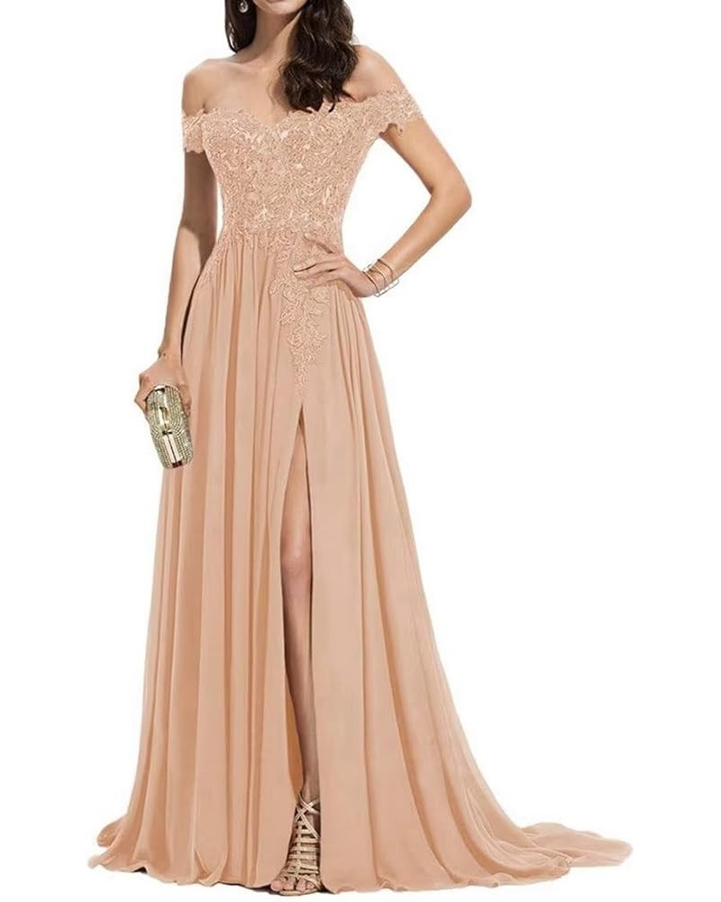 Off Shoulder Prom Dress for Women Laces Chiffon Long Slit Formal Bridesmaid Evening Gown CA07 Peach $35.42 Dresses