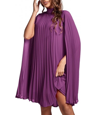 Women's Mock Neck Cloak Sleeve Pleated Keyhole Back Flowy Party Midi Dress Purple $24.91 Dresses