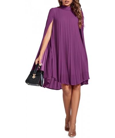 Women's Mock Neck Cloak Sleeve Pleated Keyhole Back Flowy Party Midi Dress Purple $24.91 Dresses