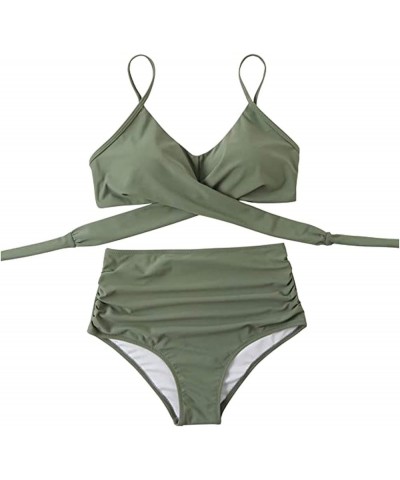 Women Wrap Bikini Set Push Up High Waisted 2 Piece Swimsuits Swimwears Beachwears E-light Green $7.55 Swimsuits