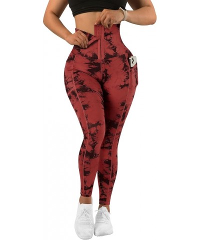 Women Corset High Waisted Leggings with Pockets Tummy Control Body Shaper Yoga Pants 1 Red Tie-dye $17.22 Activewear