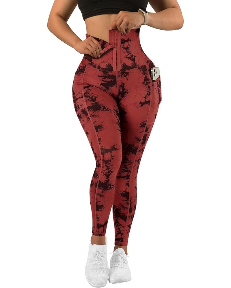 Women Corset High Waisted Leggings with Pockets Tummy Control Body Shaper Yoga Pants 1 Red Tie-dye $17.22 Activewear