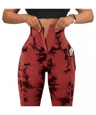 Women Corset High Waisted Leggings with Pockets Tummy Control Body Shaper Yoga Pants 1 Red Tie-dye $17.22 Activewear