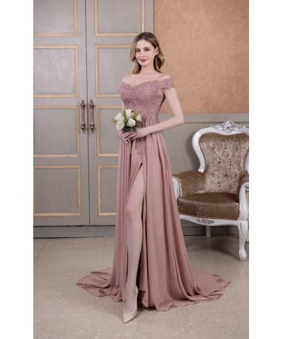 Off Shoulder Prom Dress for Women Laces Chiffon Long Slit Formal Bridesmaid Evening Gown CA07 Peach $35.42 Dresses