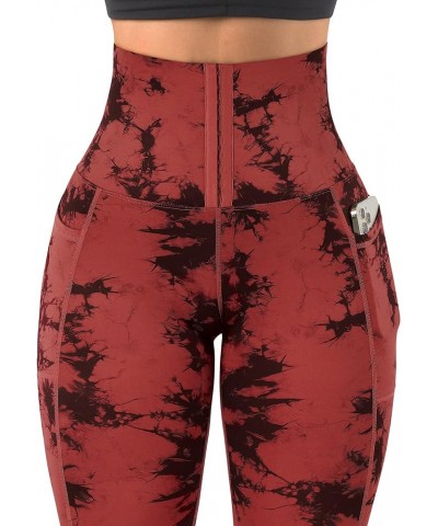 Women Corset High Waisted Leggings with Pockets Tummy Control Body Shaper Yoga Pants 1 Red Tie-dye $17.22 Activewear