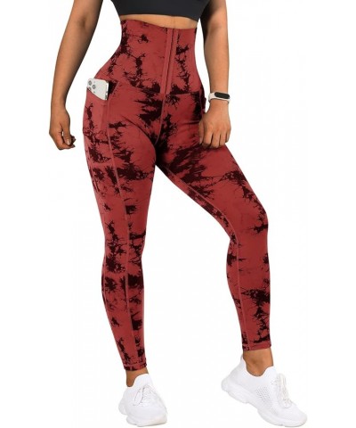 Women Corset High Waisted Leggings with Pockets Tummy Control Body Shaper Yoga Pants 1 Red Tie-dye $17.22 Activewear