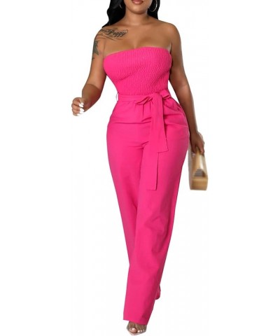 Women's Sexy Off Shoulder Tube Top Rompers High Waist Long Wide Leg Pants Jumpsuits Belt-rose Red $13.00 Jumpsuits