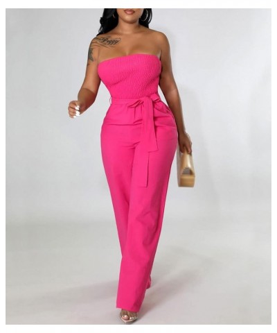 Women's Sexy Off Shoulder Tube Top Rompers High Waist Long Wide Leg Pants Jumpsuits Belt-rose Red $13.00 Jumpsuits