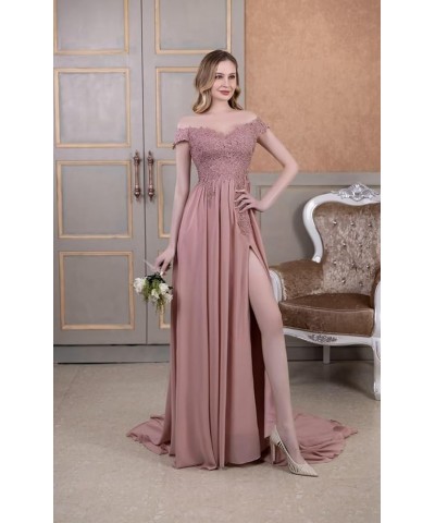 Off Shoulder Prom Dress for Women Laces Chiffon Long Slit Formal Bridesmaid Evening Gown CA07 Peach $35.42 Dresses