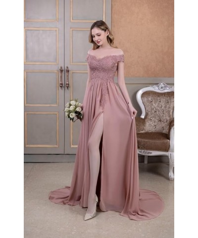 Off Shoulder Prom Dress for Women Laces Chiffon Long Slit Formal Bridesmaid Evening Gown CA07 Peach $35.42 Dresses