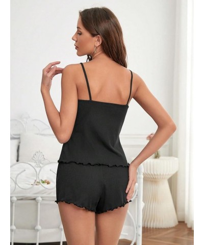 Women's 2 Piece Sleepwear Lace Trim Ribbed Crop Cami Top and Shorts Pajama Set Solid Black $11.00 Sleep & Lounge