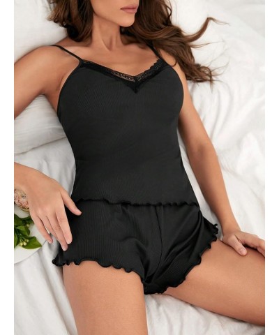 Women's 2 Piece Sleepwear Lace Trim Ribbed Crop Cami Top and Shorts Pajama Set Solid Black $11.00 Sleep & Lounge