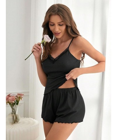 Women's 2 Piece Sleepwear Lace Trim Ribbed Crop Cami Top and Shorts Pajama Set Solid Black $11.00 Sleep & Lounge