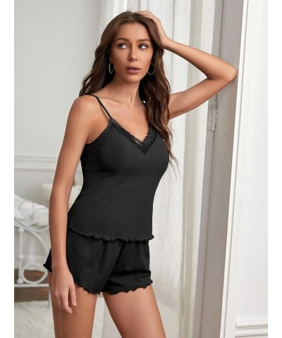 Women's 2 Piece Sleepwear Lace Trim Ribbed Crop Cami Top and Shorts Pajama Set Solid Black $11.00 Sleep & Lounge