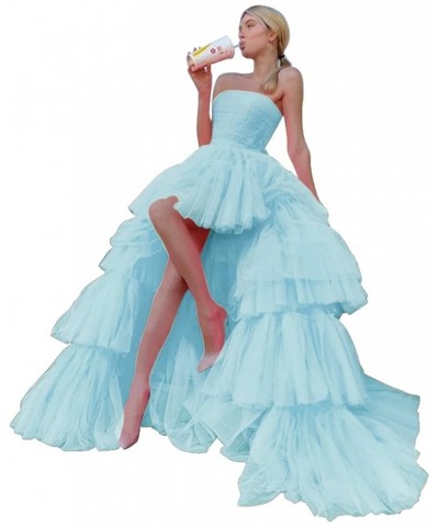 High Low Tulle Prom Dress for Women Long Strapless Layered Formal Party Dresses with Train Light Blue $51.29 Dresses