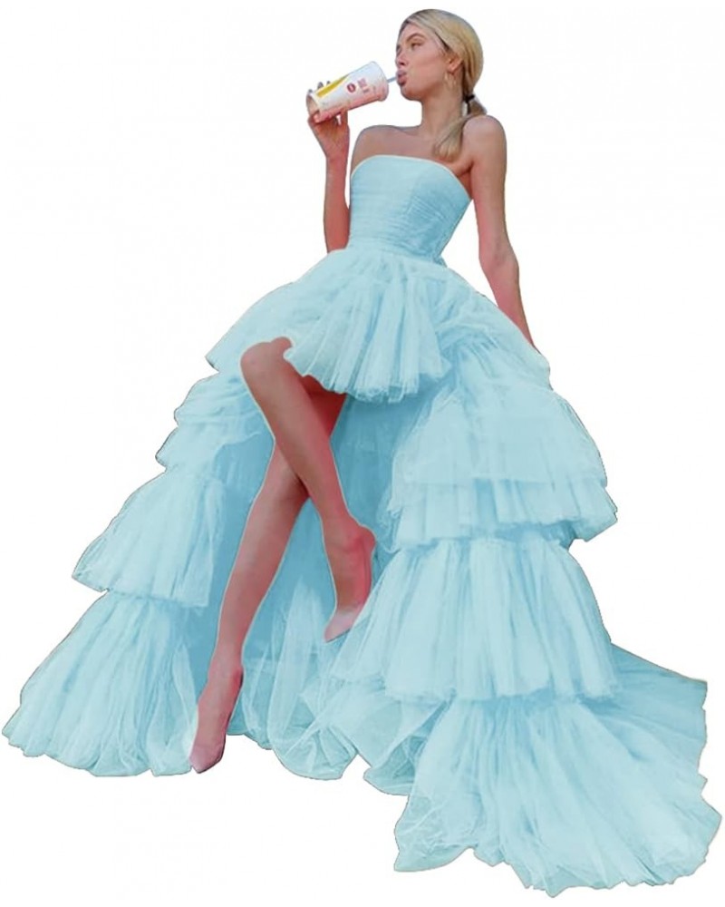 High Low Tulle Prom Dress for Women Long Strapless Layered Formal Party Dresses with Train Light Blue $51.29 Dresses