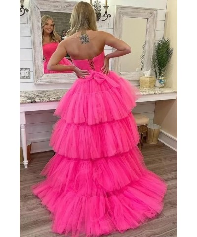 High Low Tulle Prom Dress for Women Long Strapless Layered Formal Party Dresses with Train Light Blue $51.29 Dresses