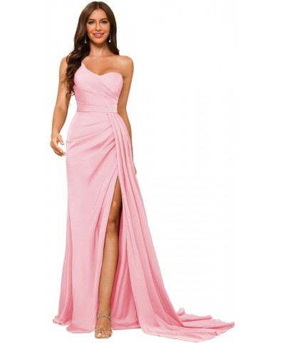 One Shoulder Satin Prom Dresses Long Mermaid Formal Evening Gowns DI80 Pink $32.23 Dresses