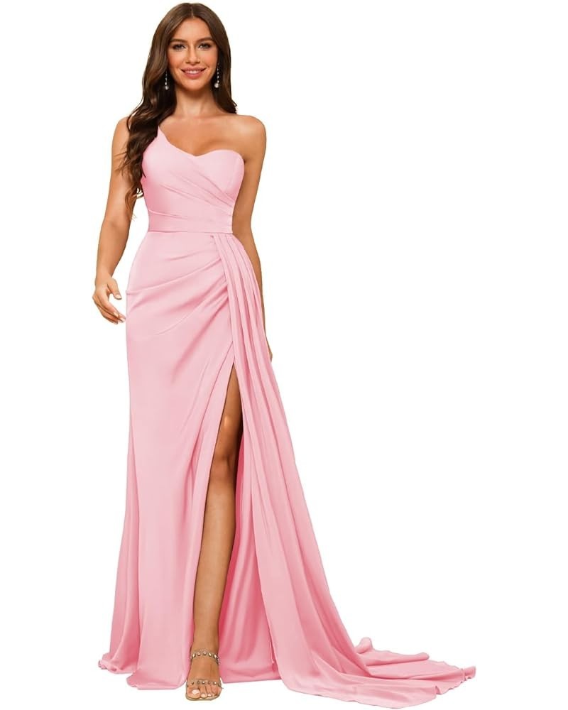 One Shoulder Satin Prom Dresses Long Mermaid Formal Evening Gowns DI80 Pink $32.23 Dresses