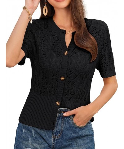 2024 Women's Short Sleeve Cropped Cardigan Summer Lightweight Button Down Sweater Crochet Knit Bolero Shrugs Black $17.27 Swe...