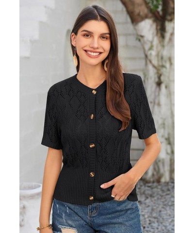 2024 Women's Short Sleeve Cropped Cardigan Summer Lightweight Button Down Sweater Crochet Knit Bolero Shrugs Black $17.27 Swe...