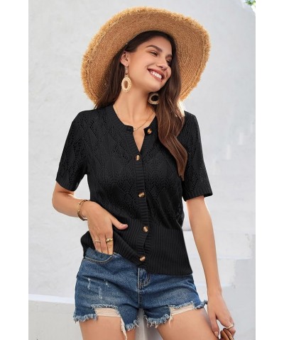 2024 Women's Short Sleeve Cropped Cardigan Summer Lightweight Button Down Sweater Crochet Knit Bolero Shrugs Black $17.27 Swe...