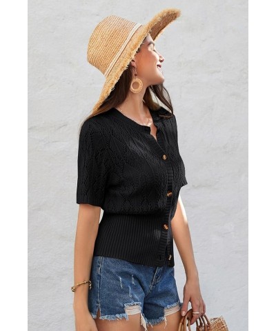 2024 Women's Short Sleeve Cropped Cardigan Summer Lightweight Button Down Sweater Crochet Knit Bolero Shrugs Black $17.27 Swe...