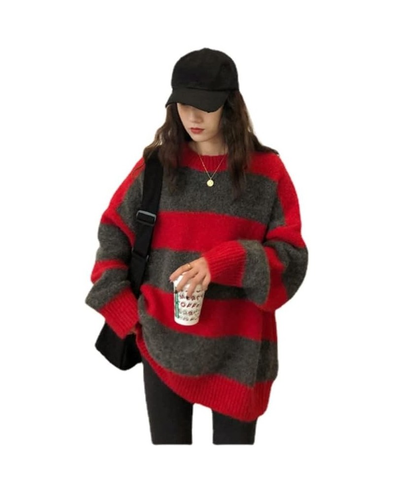 Grunge Striped Sweater Y2K Hip Hop Knit Pullover Fairycore Gothic Streetwear Punk Vintage Oversized Aesthetic Clothes Red $16...