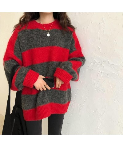 Grunge Striped Sweater Y2K Hip Hop Knit Pullover Fairycore Gothic Streetwear Punk Vintage Oversized Aesthetic Clothes Red $16...