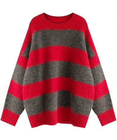 Grunge Striped Sweater Y2K Hip Hop Knit Pullover Fairycore Gothic Streetwear Punk Vintage Oversized Aesthetic Clothes Red $16...