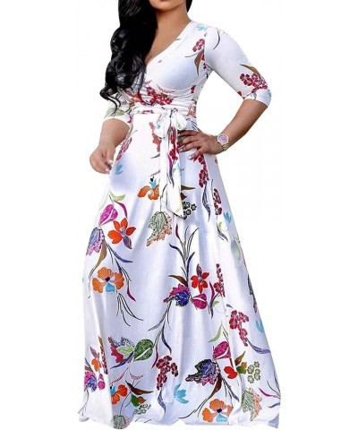 Plus Maxi Casual Wrap V Neck 3/4 Sleeve Long Dress for Women White $21.59 Dresses