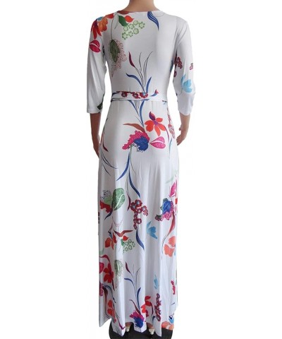 Plus Maxi Casual Wrap V Neck 3/4 Sleeve Long Dress for Women White $21.59 Dresses