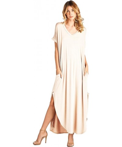 Solid V-Neck Pocket Short Sleeve Loose Maxi Dress (S-3X) - Made in USA Cream $12.99 Dresses