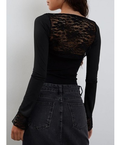 Women's Floral Lace Long Sleeve Square Neck Crop Top T Shirt Strapless Tube Top and Bolero Set Patchwork Lace Black $8.80 Tops