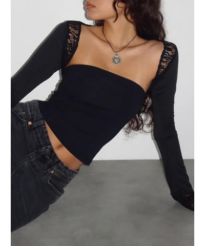 Women's Floral Lace Long Sleeve Square Neck Crop Top T Shirt Strapless Tube Top and Bolero Set Patchwork Lace Black $8.80 Tops