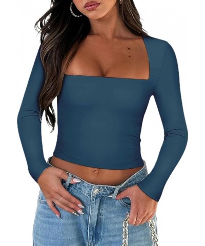 Women's Sexy Square Neck Crop Top Long Sleeve Slim Fit Cropped T Shirts Basic Stretchy Tee Y2K Tops A Navy Blue $10.39 T-Shirts