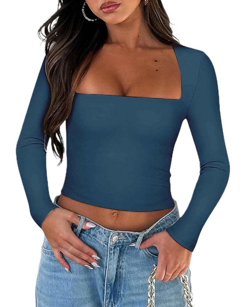 Women's Sexy Square Neck Crop Top Long Sleeve Slim Fit Cropped T Shirts Basic Stretchy Tee Y2K Tops A Navy Blue $10.39 T-Shirts