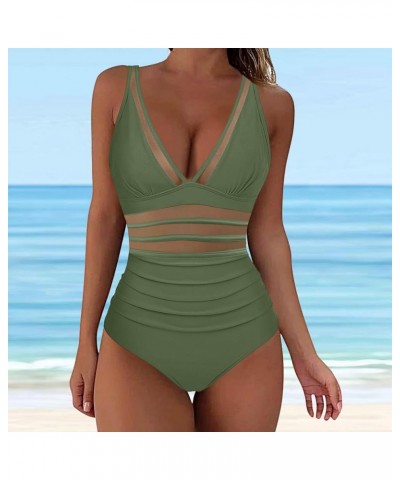 Swimsuit for Women One Piece Tummy Control V-Neck Mesh Ruched Bathing Suits High Waisted Beach Swimwear for Women Army Green ...