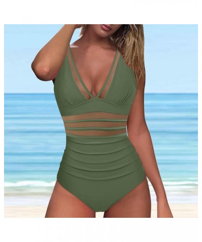 Swimsuit for Women One Piece Tummy Control V-Neck Mesh Ruched Bathing Suits High Waisted Beach Swimwear for Women Army Green ...