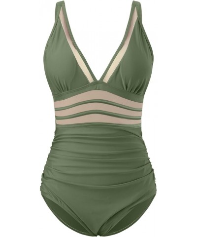 Swimsuit for Women One Piece Tummy Control V-Neck Mesh Ruched Bathing Suits High Waisted Beach Swimwear for Women Army Green ...