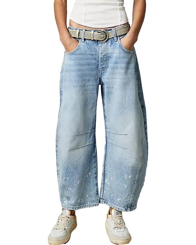 Women Loose Cropped Jeans Midi Waist Baggy Barrel Jeans Vintage Boyfriend Tapered Denim Pants A12 Light Blue $18.48 Jeans