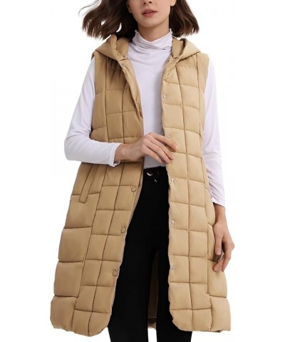 Women Long Puffer Vest with Hoodie Quilted Lightweight Sleeveless Jacket Winter Puffy Gilet Outerwear Khaki $15.36 Vests