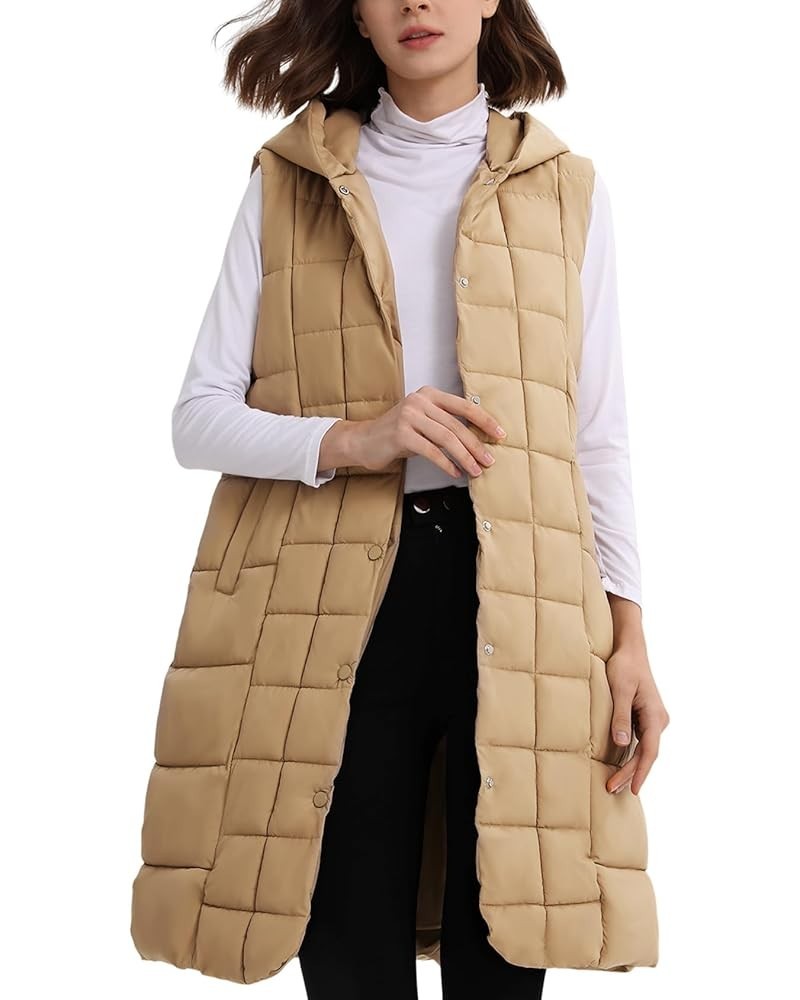 Women Long Puffer Vest with Hoodie Quilted Lightweight Sleeveless Jacket Winter Puffy Gilet Outerwear Khaki $15.36 Vests