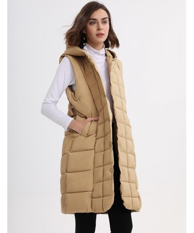 Women Long Puffer Vest with Hoodie Quilted Lightweight Sleeveless Jacket Winter Puffy Gilet Outerwear Khaki $15.36 Vests