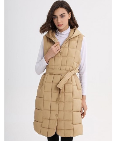 Women Long Puffer Vest with Hoodie Quilted Lightweight Sleeveless Jacket Winter Puffy Gilet Outerwear Khaki $15.36 Vests