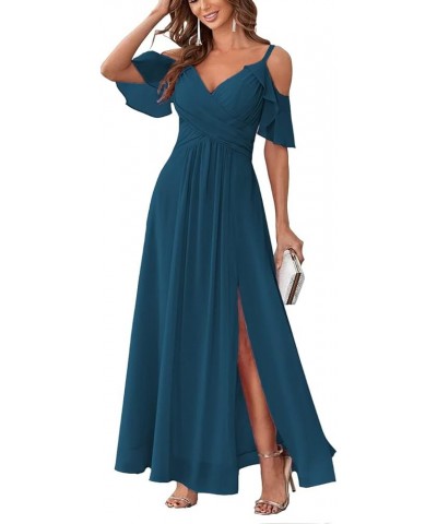 Women's Cold Shoulder Chiffon Bridesmaids Dresses Long Slit Formal Party Dress for Junior ABC095… Teal Blue $35.99 Dresses